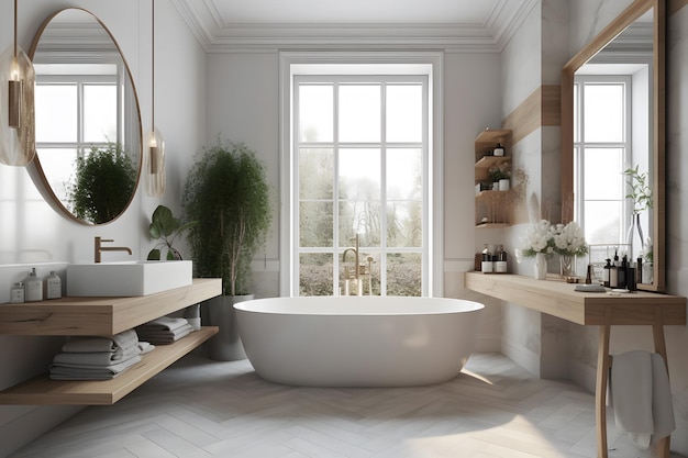 Bagno di design d'interni moderno in grigio e finitura in legno Rete neurale generata dall'intelligenza artificiale