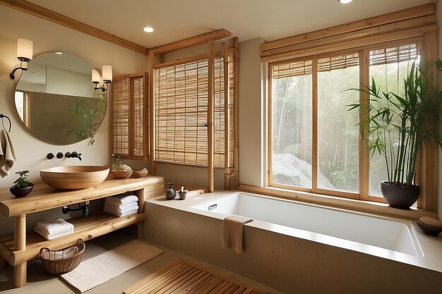 Bagno di ispirazione zen con vasca da bagno giapponese e elementi di bambù