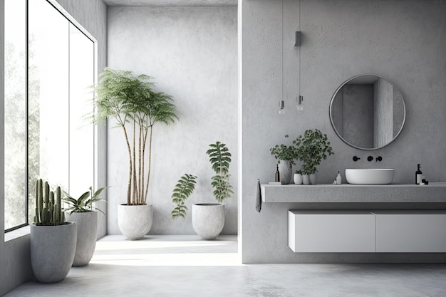 Bagno domestico moderno con sfondo di muro di cemento nudo Casa accogliente con un design interno minimo