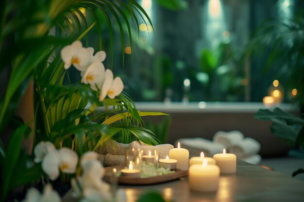 Bagno elegante con candele e fiori