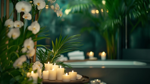 Bagno elegante con candele e fiori