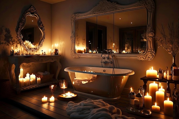 Bagno elegante di lusso con candele e grande specchio di notte creato con ai generativo