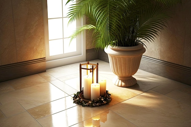 Bagno in piastrelle beige con candele e palme verdi in vaso sul pavimento creato con ai generativo