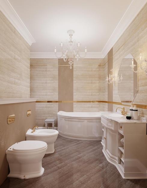 Bagno in stile classico con wc e bidet in beige e giallo. Rendering 3D.