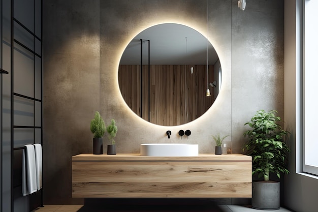 Bagno in un angolo con specchio tondo, pavimento in cemento e lungo lavabo