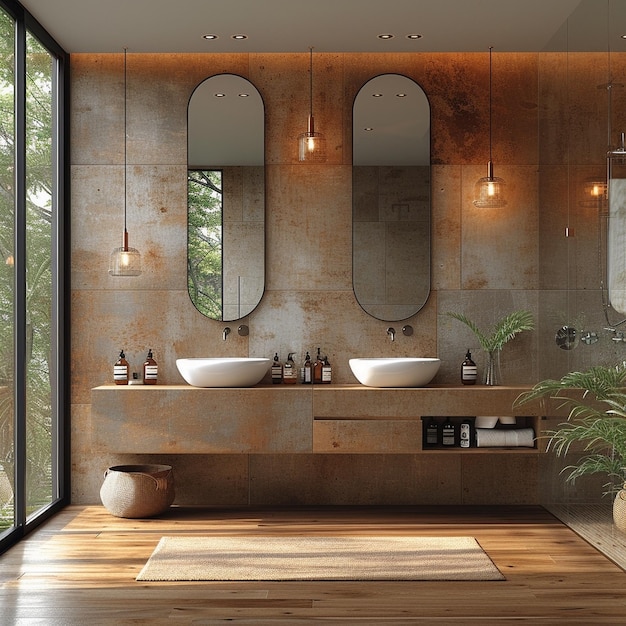 bagno interno moderno con specchio in stile moderno lavandino bianco AI generativo