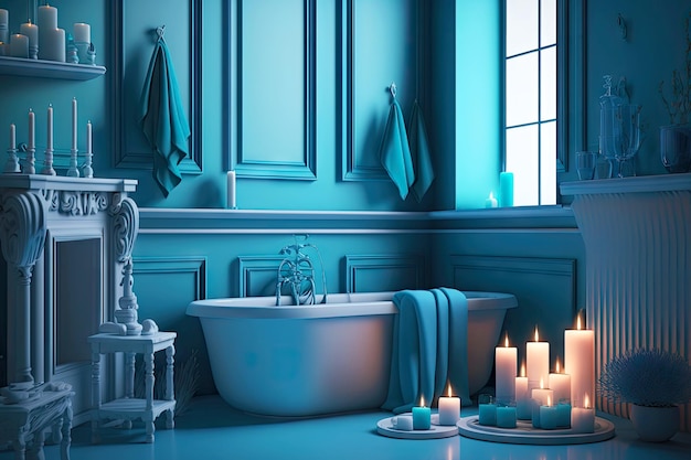 Bagno luminoso con candele e pareti blu su sfondo sfocato creato con intelligenza artificiale generativa