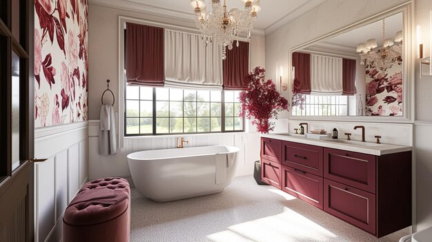 Bagno lussuoso con dettagli in marmo e accenti bordeaux design d'interno e decorazione della casa