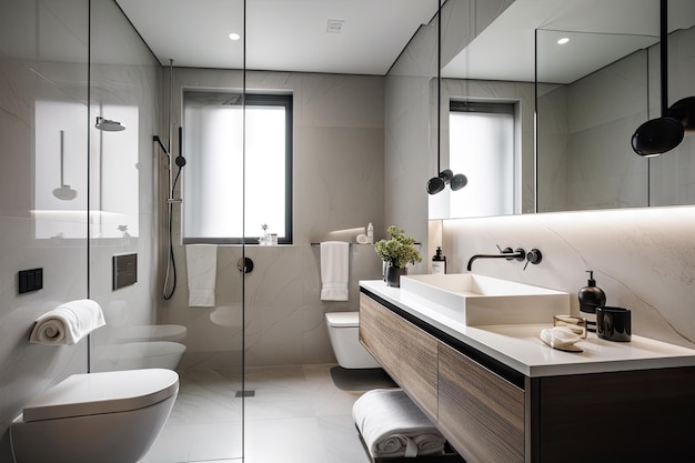 Bagno minimalista con infissi eleganti e accessori moderni