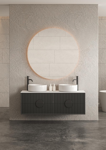 Bagno minimalista con pareti piastrellate, vasca bianca e doppio lavabo con specchio ovale, pavimento in cemento.