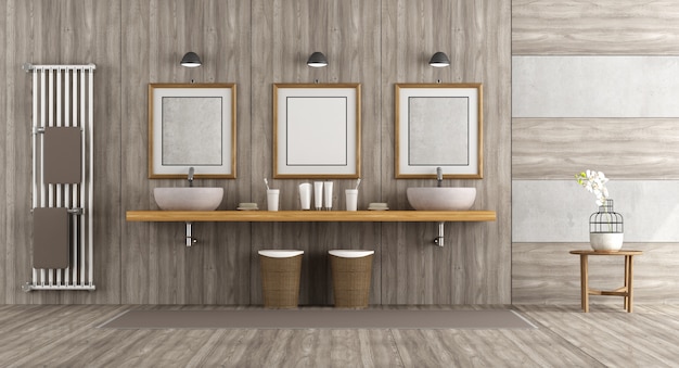 Bagno minimalista in legno e cemento