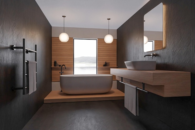 Bagno minimalista moderno con rendering 3d in legno naturale e pietra nera