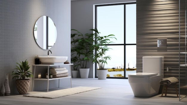 Bagno moderno con ampia finestra ai generativa