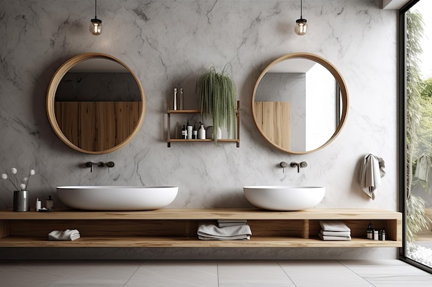 Bagno moderno con doppi lavandini e specchi IA generativa