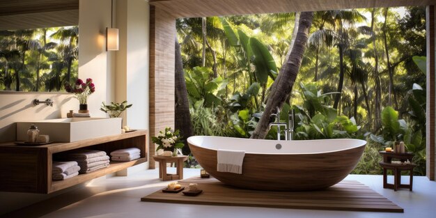 Bagno moderno con palme e vista tropicale Foto di alta qualità AI generativa