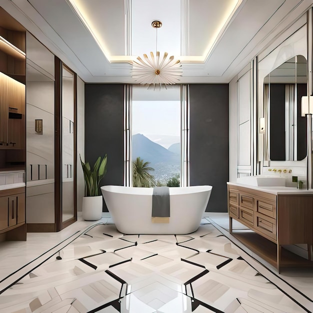 bagno moderno con rendering 3d con decorazioni in piastrelle di lusso IA generativa