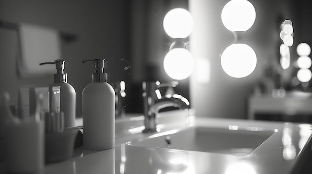 Bagno moderno con rubinetto e specchio di illuminazione interno monocromatico sfondo sfocato AI generativa