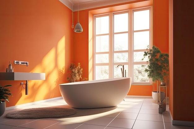 Bagno moderno con vivaci pareti arancioni e un'elegante vasca bianca Generative AI