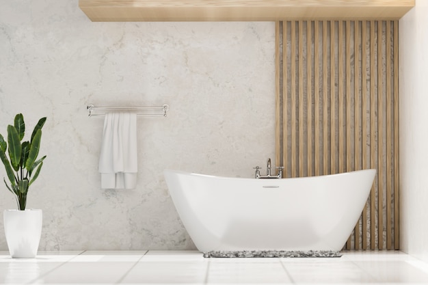 Bagno moderno ed elegante con vasca da bagno di lusso, pianta da interno e asciugamano nel rendering 3d della parete di marmo