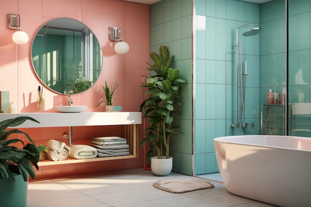 Bagno moderno ed elegante con vasca e pareti colorate Interni minimalisti in stile nordico