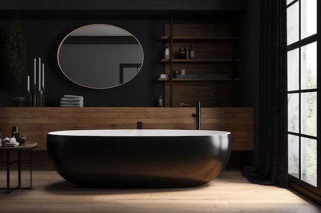 Bagno moderno in legno di lusso nero vasca da bagno arredamento per la casa di design d'interni 3d AI generativa