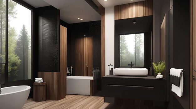 Bagno moderno in legno e pietra nera con rendering 3d