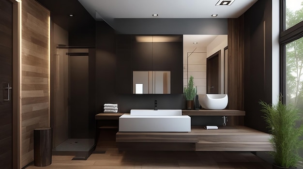 Bagno moderno in legno e pietra nera con rendering 3d