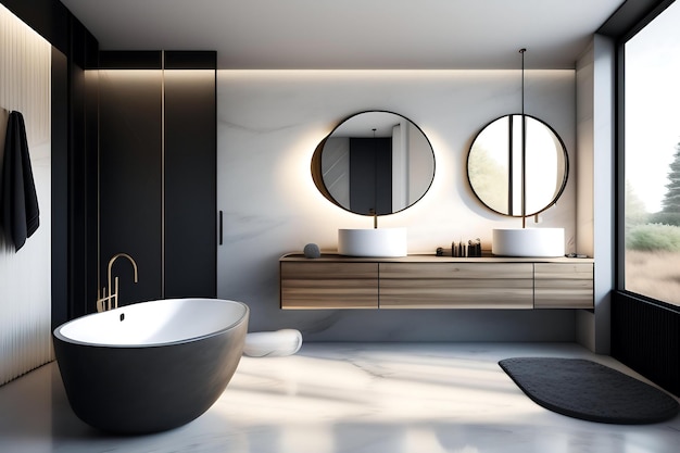 Bagno moderno loft, pavimento in cemento lucidato e divisorio in vetro cannettato, lavabo in marmo bianco