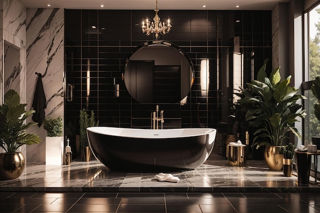 Bagno nero moderno con rendering 3D con decorazioni in piastrelle di lusso