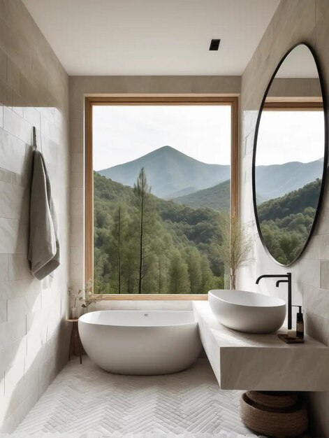 Bagno neutro organico artistico con bacino appeso in pietra solida e vista sulla montagna della foresta di pini