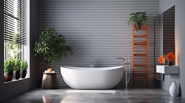 Bagno ovale bianco con soffione doccia cromato nel moderno loft Generativo AI