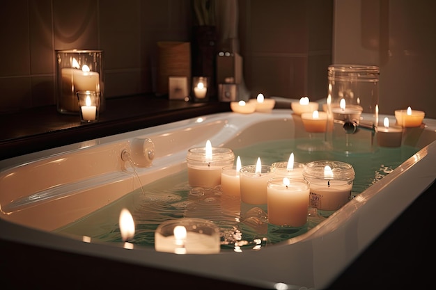 Bagno rilassante con candele e oli aromaterapici per un'esperienza rilassante creata con l'IA generativa