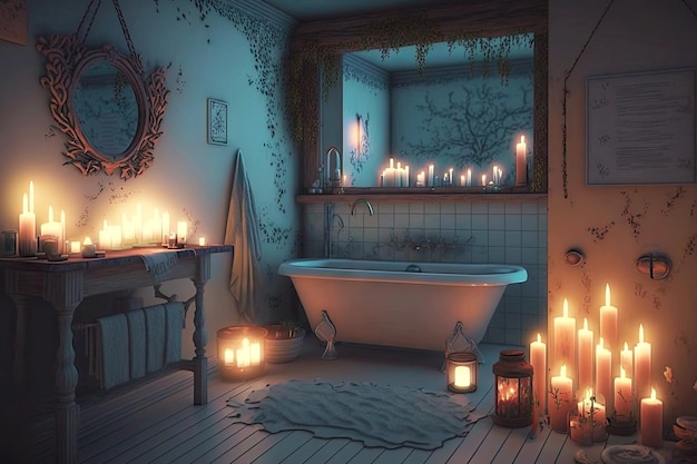 Bagno romantico con candele e decorazioni sulle pareti create con l'IA generativa