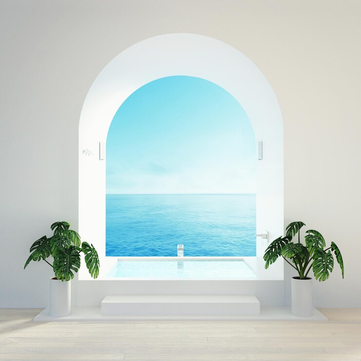 Bagno vista mare spiaggia Rendering 3D di hotel di lusso e moderni