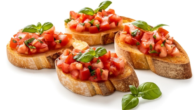 Baguette a fette coperte di pomodori a dadi e basilico una classica bruschetta su bianco