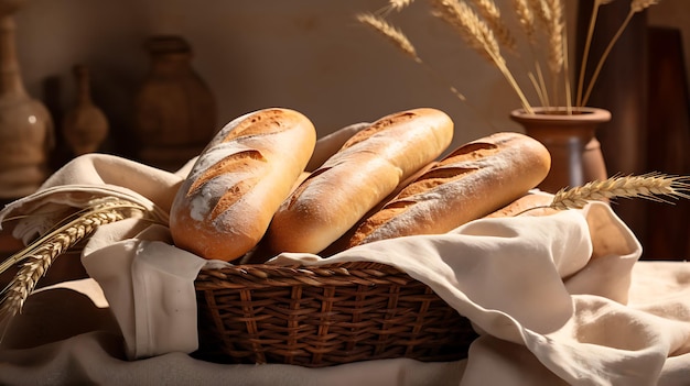 Baguette appena cotte in un paniere rustico su uno sfondo neutrale