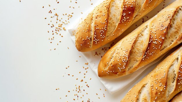 Baguette con semi di sesamo su sfondo bianco