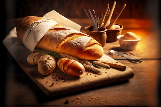 Baguette e panini sul tavolo di legno per colazione, pranzo o cena