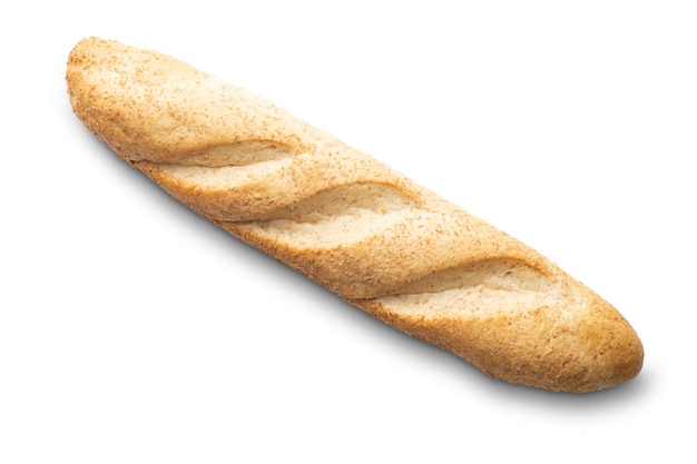 Baguette francese con crusca isolata su sfondo bianco