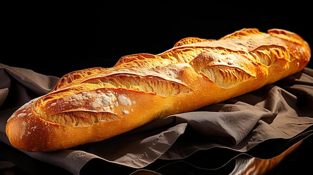 Baguette francese isolata su sfondo nero con tracciato di ritaglio