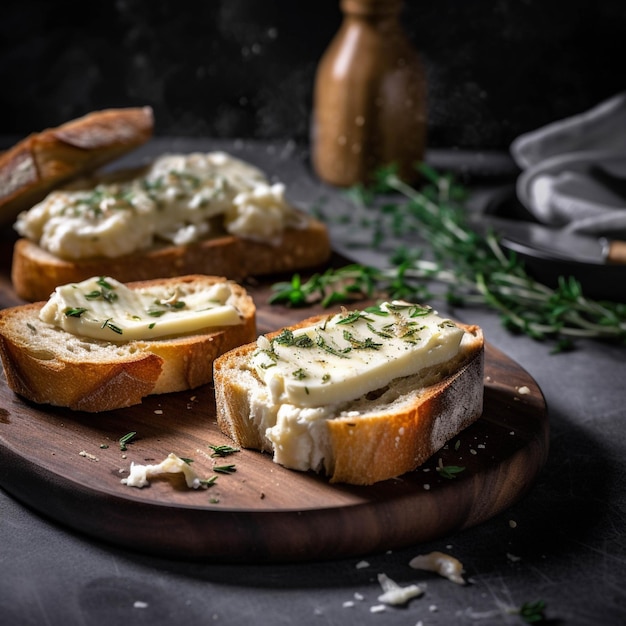 Baguette tostate con burro e timo su sfondo scuro