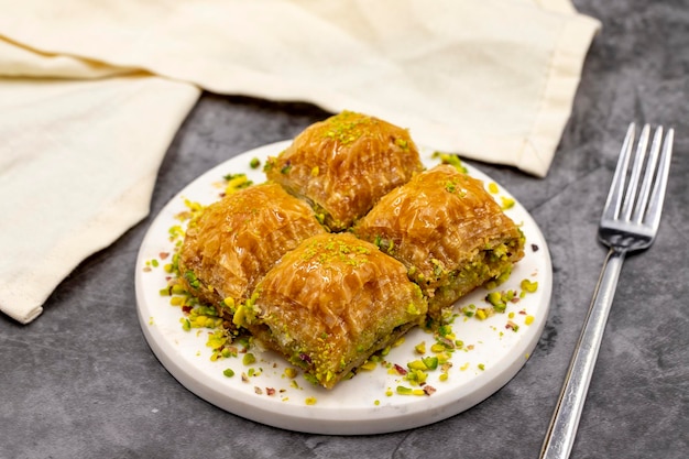 Baklava al pistacchio Closeup sapori tradizionali mediorientali Baklava turca tradizionale nome locale fistikli baklava