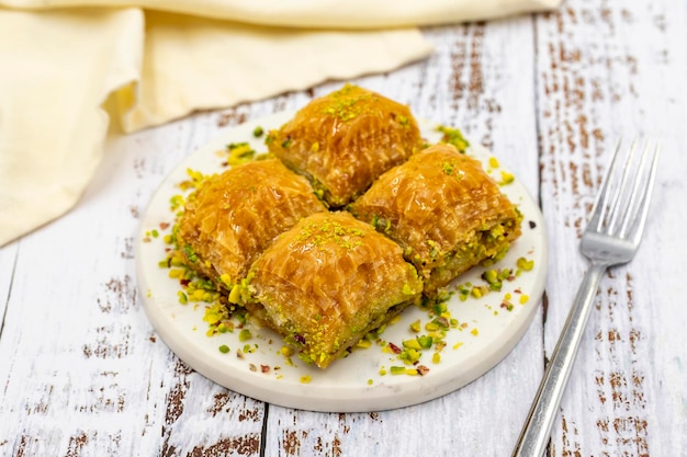 Baklava al pistacchio Closeup sapori tradizionali mediorientali Baklava turca tradizionale nome locale fistikli baklava