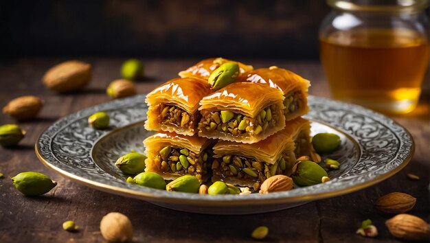 baklava dolce con noci in un piatto