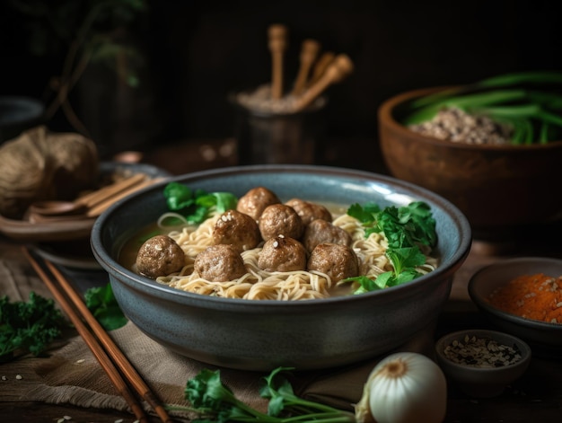 Bakso in una cucina rustica Fotografia alimentare