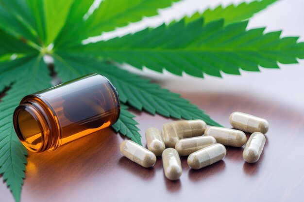 Balanced Healing CBD Medication e foglia di cannabis insieme