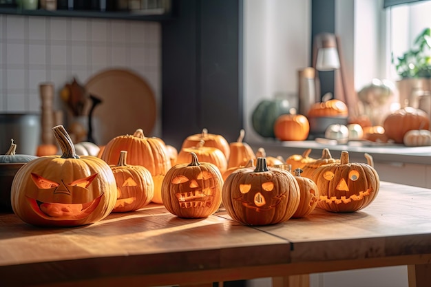 Balbe con incisioni di Halloween su un tavolo di legno Lo scenario di design interno è decorato per l'autunno una cucina minimalista contemporanea con un'isola e attrezzature