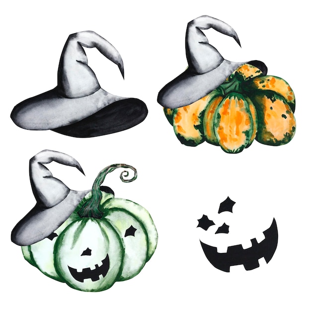 Balbe in un cappello con facce acquerello illustrazione di un set e elementi per Halloween su un bianco