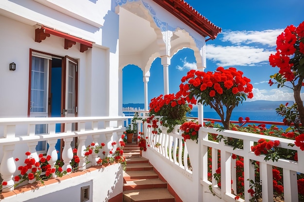 Balcone bianco con fiori rossi contro il cielo blu brillante puerto de la cruz tenerife spagna