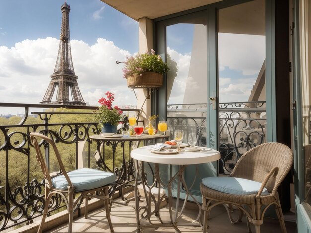 Balcone con tavolo e sedie con vista sulla Torre Eiffel